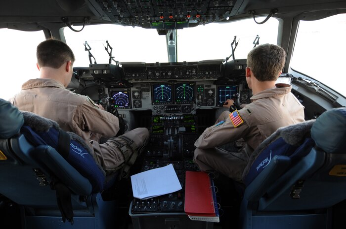 1st Lt.s Ed Sutton and Mike Hunter, 816th Expediitionary Airlift Squadron C-17A pilots, conduct pre-flight checks prior to takeoff on a C-17 Globemaster III aircraft at a non-disclosed Southwest Asia location, Feb. 15, 2010.  (U.S. Air Force photo by Tech. Sgt. Michelle Larche)[RELEASED]