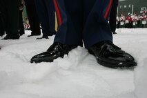 BOSTON -- A Marine from 1st Battalion, 25th Marine Regiment,  stands in the snow-covered Fenway Park, as part of a pre-game ceremony before the 2010 Bridgestone NHL Winter Classic, Jan. 1. The Air Force provided a B-2 fly over to culminate the pre-game event.(Official Marine Corps photo by Sgt. Randall A. Clinton)