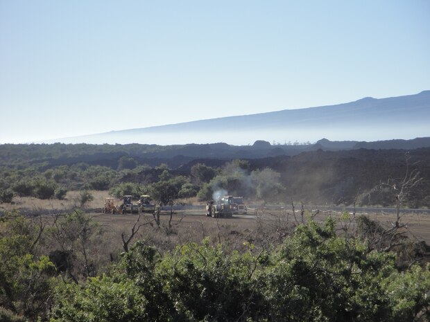 Marine WIng Support Squadron 171 Engineer detachment uses contracted heavy equipment Jan. 2 during the construction of “Cooper’s Airstrip” at the Pohakuloa Training Area, Hawaii, in support of Exercise Lava Viper.