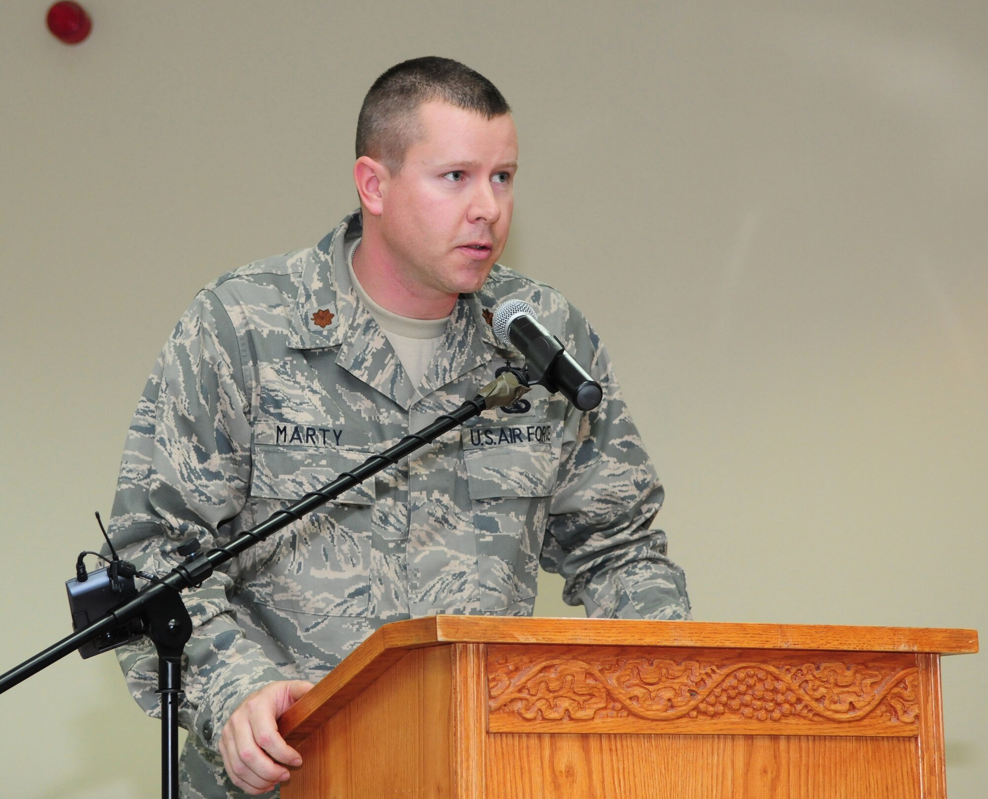 Maj. Gregory Marty, 586th Expeditionary Support Squadron commander, addresses the crowd after assuming command of the new unit Jan. 2, 2010 at an air base in Southwest Asia. (U.S. Air Force photo/Staff Sgt. Lakisha A. Croley)