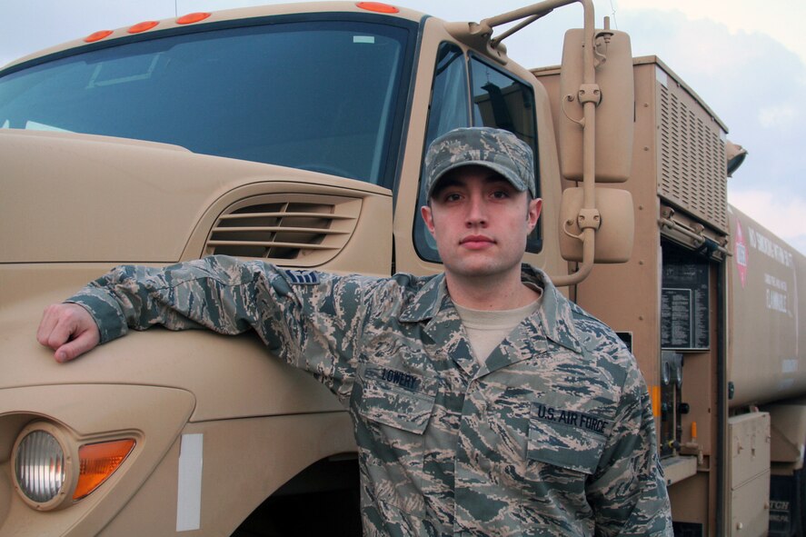 Staff Sgt. Eric Lowery, Fuels Service Center accountant and controller with the 380th Expeditionary Logistics Readiness Squadron deployed from Dover Air Force Base, Del., was named the 380th Air Expeditionary Wing "Warrior of the Week" for the week of Dec. 30, 2009, to Jan. 5, 2010.  In his deployed job, Sergeant Lowery is responsible for the delivery of fuel to all deployed
and transient aircraft, with an average nine-minute response time ensuring the
timely delivery of fuel so aircraft meet departure times. He's also responsible
for the second largest fuel's account in the U.S. Central Command area of responsibility and processes approximately $1.25 million in fuels transaction every day. Sergeant Lowery's hometown is Wilder, Vt.  (U.S. Air Force Photo/Tech. Sgt. Scott T. Sturkol)  
