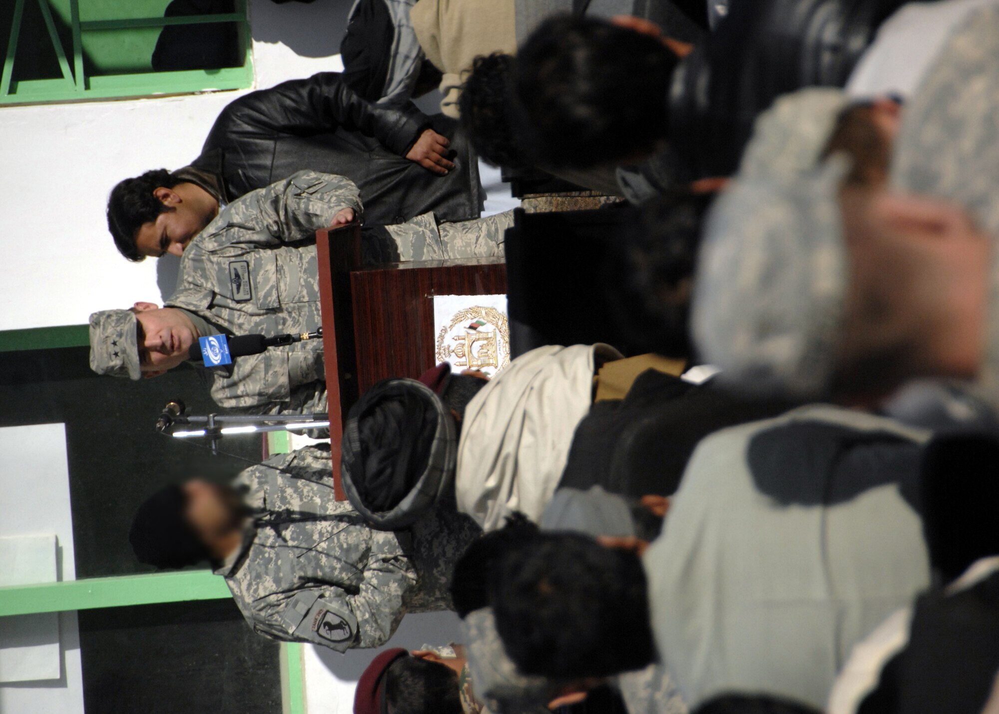 Maj. Gen. Stephen P. Mueller, the U.S. Air Forces Central Air Component Coordination Element director, speaks to local Afghan community members during the cornerstone ceremony for a new, modern wing of the Zabul Provincial Hospital Dec. 26, 2009, in Qalat.  The new building will replace an old provincial hospital, which was built three years ago but is now structurally unsound. (U.S. Air Force photo by Senior Airman Timothy Taylor/Released)
