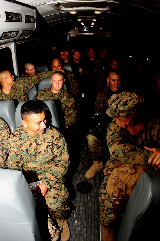 Marines with 2nd Battalion, 7th Marine Regiment wait to leave the Combat Center and deploy to the Pacific with the 31st Marine Expeditionary Unit Wednesday. Battery K, 3rd Bn., 11 Marines; 1st Platoon, Co. D, 3rd Assault Amphibian Battalion; and 1st Platoon, Co. A, 3rd Light Armored Reconnaissance Battalion, also deployed as augments to the MEU.