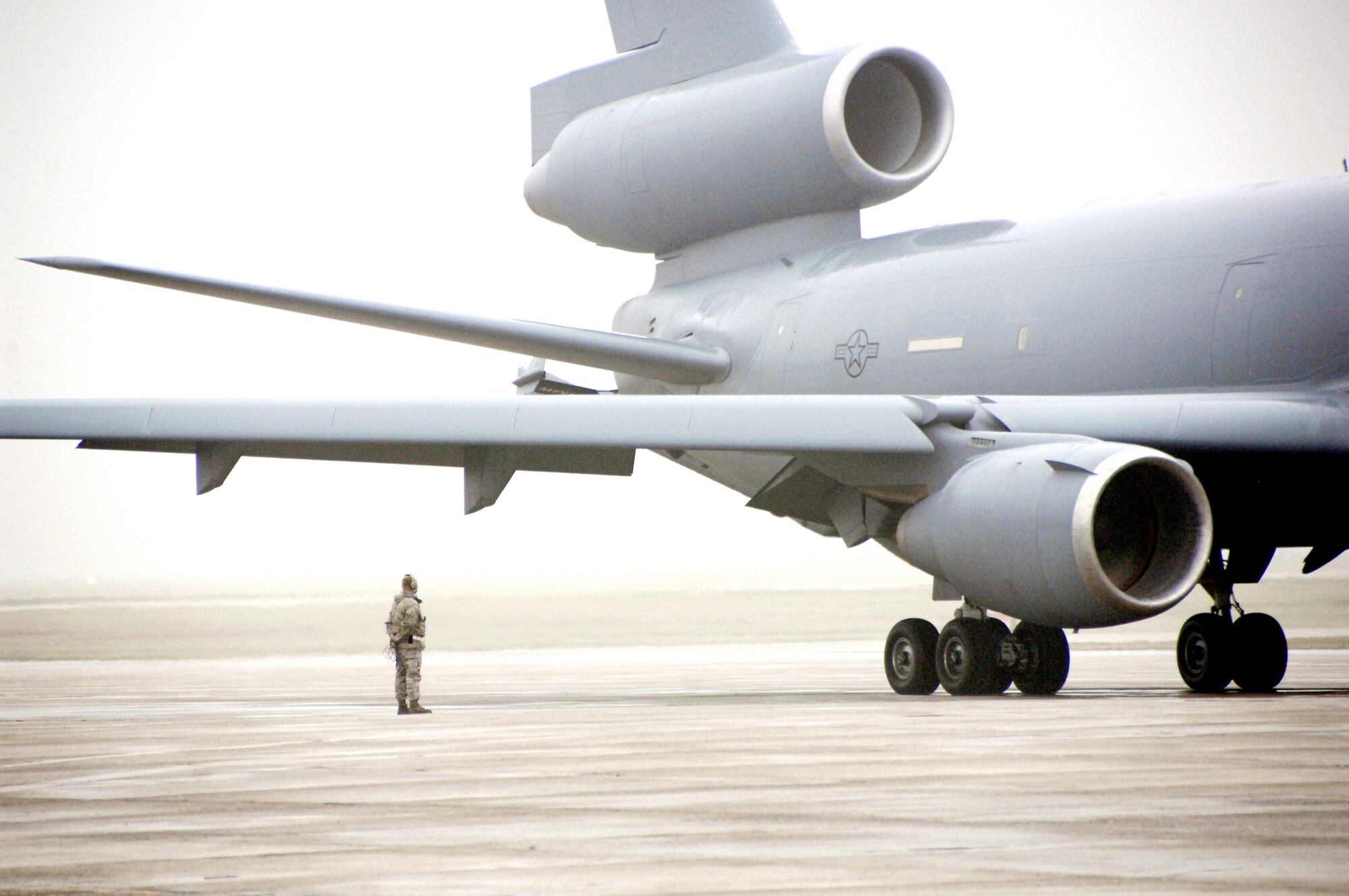 A KC-10 Extender prepares to take off Dec. 21 during the first-ever mass launch of nine aircraft at Travis Air Force Base, Calif. The total force launch effort was an opportunity for operations, maintenance and support personnel to train together on a larger scale than normal. (U.S. Air Force photo/Amanda Lopez)
