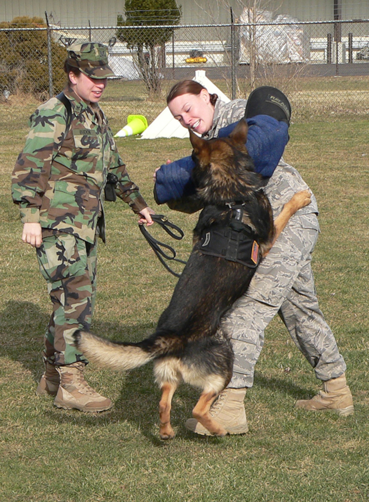 Senior Airman Allison Price, 87th Security Forces Squadron dog handler, leads her dog in a controlled aggression exercise. Department of Defense military working dogs receive their initial training at Lackland Air Force Base, Texas, but handlers must provide continuous training to ensure the dogs stay sharp. (U.S. Air Force photo/Steve Snyder)