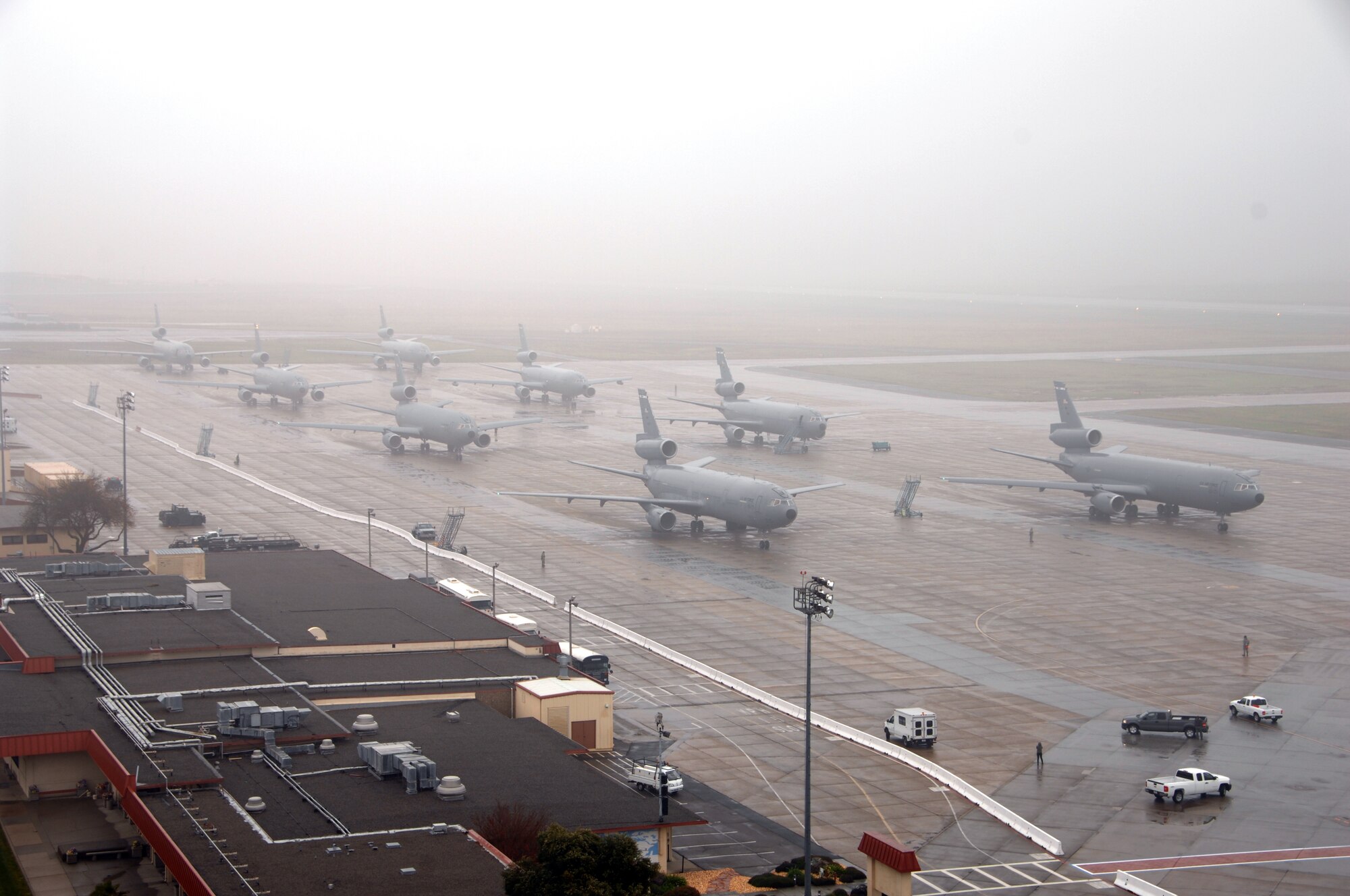 Aircraft prepare to take part in Travis' first-ever mass launch of nine aircraft Dec. 21. The Total Force launch effort was an opportunity for operations, maintenance and support personnel to train together on a larger scale than normal. (U.S. Air Force photo/Nan Wylie)