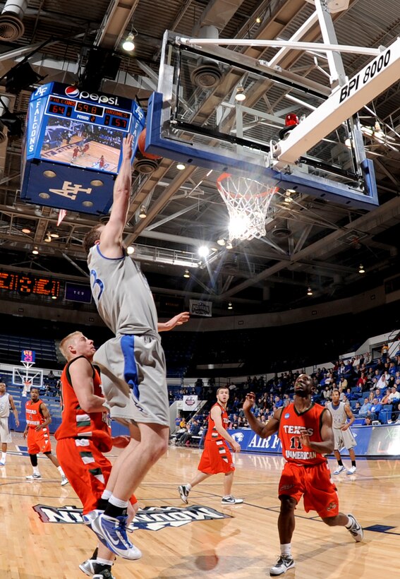 Air Force senior center Mike McLain goes for a layup in the Falcons' 72-65 victory over Texas-Pan American at the Air Force Academy's Clune Arena Jan. 2, 2010. McLain, a native of Portland, Ore., led Air Force with 25 points and seven rebounds.  (U.S. Air Force photo/Johnny Wilson)
