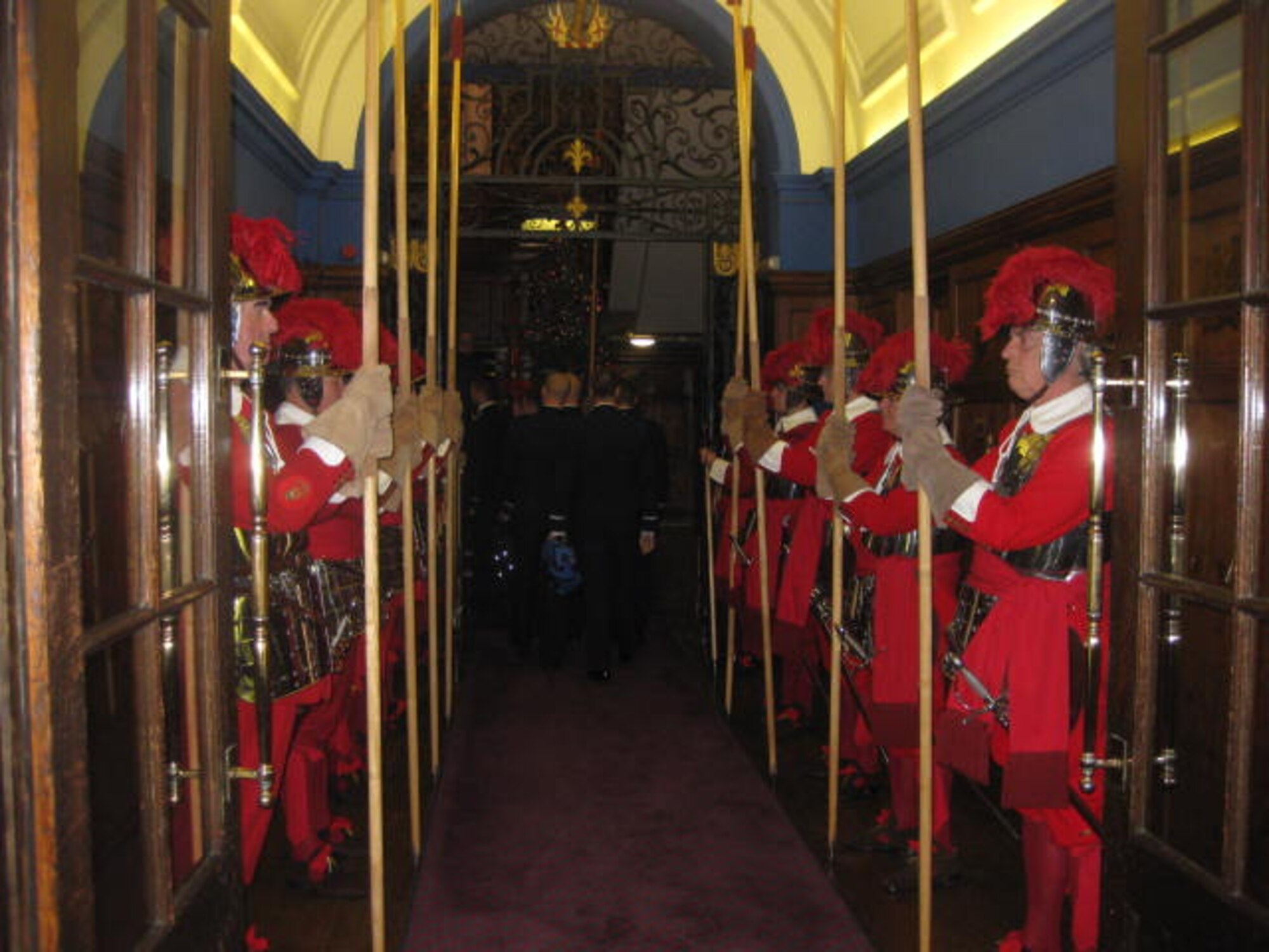 Pikemen, a British infantry unit dating back to the Middle Ages, line the entrance into the Honourable Artillery Company, welcoming guests to the 233rd British-American Forces Dining Club event Dec. 7 in London. (Courtesy Photo)