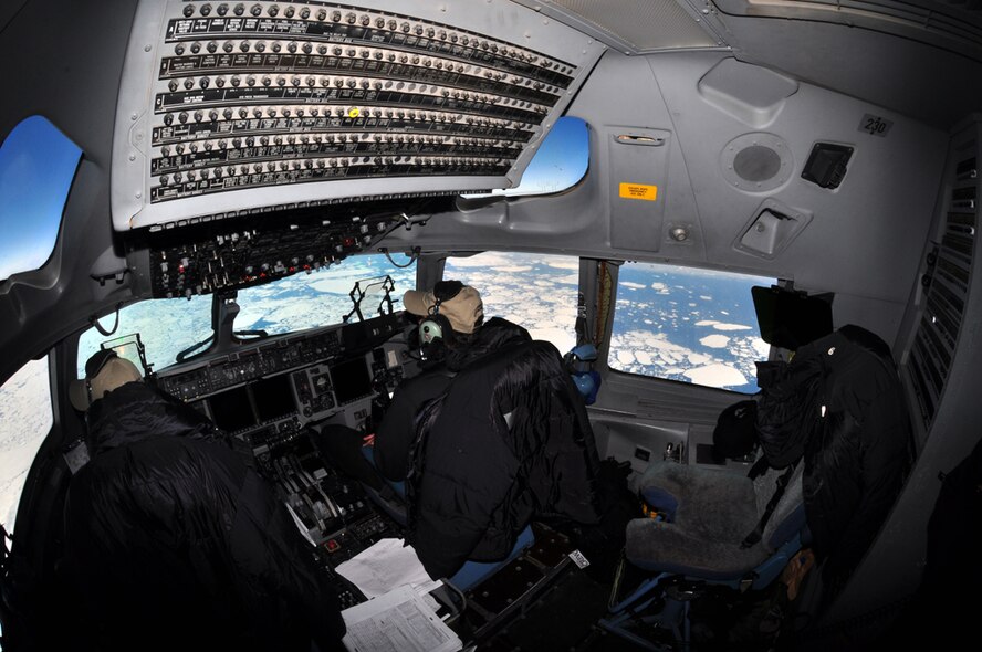 McChord pilots fly a C-17 Globemaster III over icy waters of the southern Pacific Ocean on an Operation Deep Freeze mission. Through Operation Deep Freeze, the Defense Department provides logistical support to research activities in Antarctica. (U.S. Air Force photo/Staff Sgt. Robert Tingle)