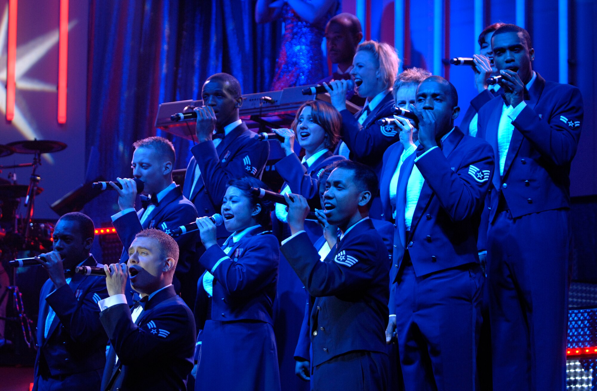 Airmen from Tops in Blue perform at the Orpheum Theater in Wichita, Kan. in January 2009. The group of performers are scheduled to come back to the theater for a new performance, free and open to the public, Jan. 28, 2009. (U.S. Air Force photo/Senior Airman Laura Suttles) 