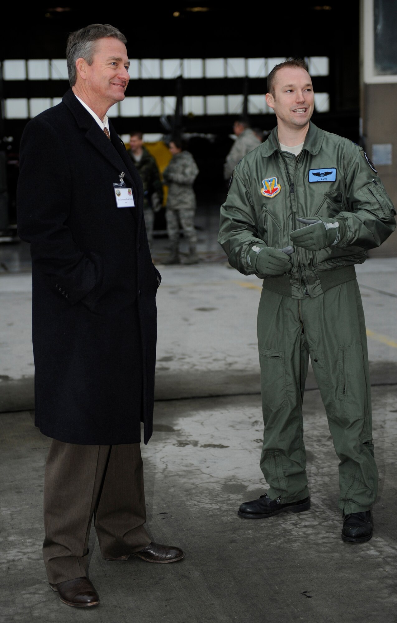 MOUNTAIN HOME AIR FORCE BASE, Idaho - Idaho Lieutenant Governor Brad Little and Capt. James Pate, 390th Fighter Squadron standards evaluation liaison officer, discuss the features of the F-15C fighter jet at Mountain Home Air Force Base Jan. 6. More than 40 legislators visited the base and were shown how Airmen monitor the airspace and how the current efforts to expand the base’s airspace will improve future training. (U.S. Air Force photo by Airman 1st Class Renishia Richardson)