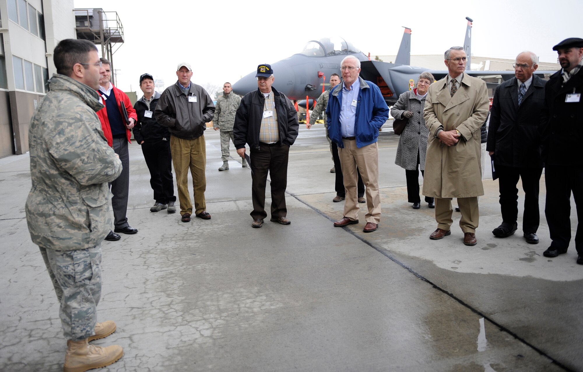 MOUNTAIN HOME AIR FORCE BASE, Idaho - Tech. Sgt. Charles Wellman, 366th Maintenance Group loading standardization crew member, briefs members of the Idaho State Legislature on the capabilities of the F-15C, F-15E and F-15SGs at Mountain Home Air Force Base Jan. 6. More than 40 legislators visited the base and were shown how Airmen monitor the airspace and how the current efforts to expand the base’s airspace will improve future training. (U.S. Air Force photo by Airman 1st Class Renishia Richardson)