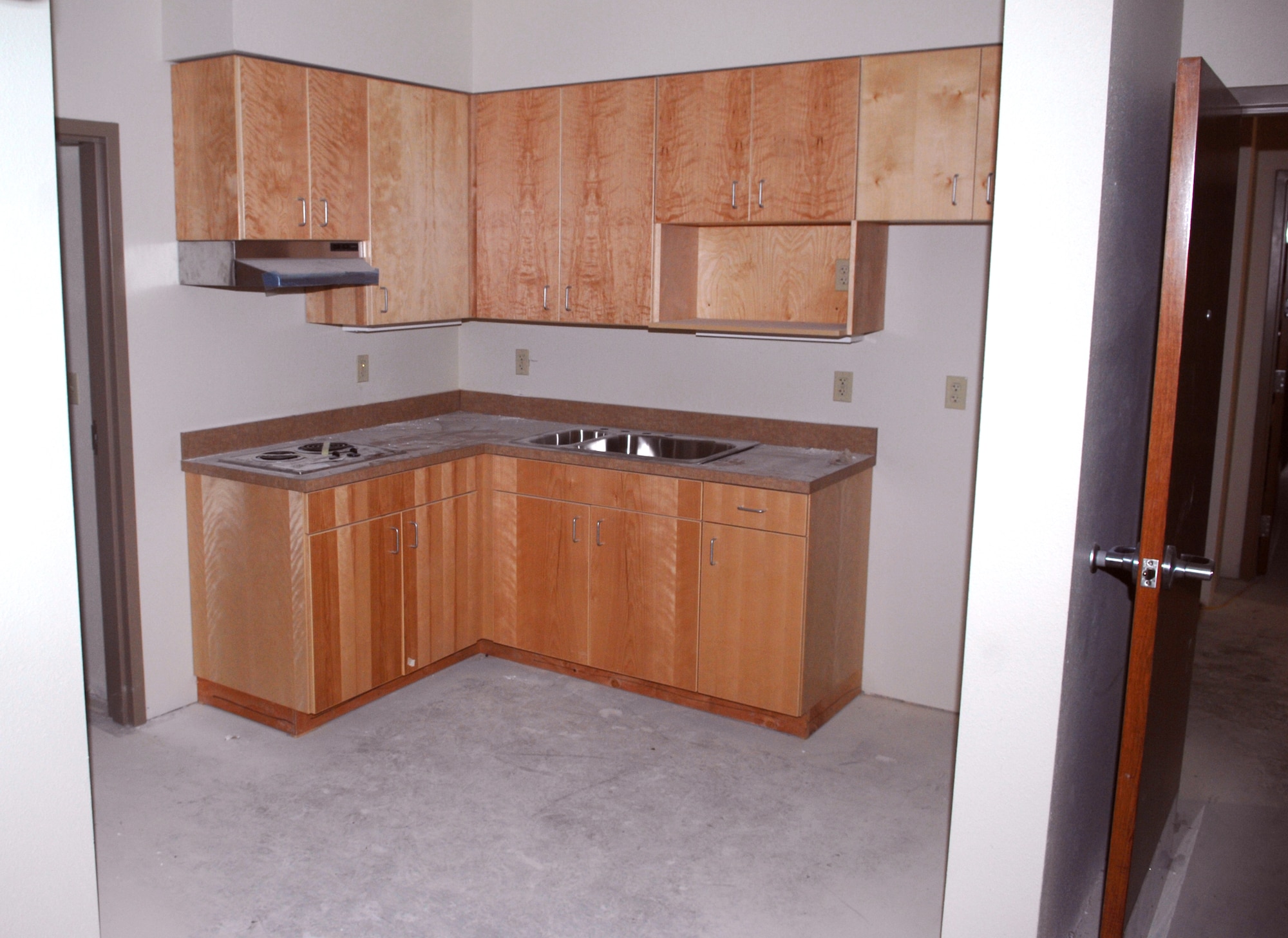 MINOT AIR FORCE BASE, N.D. -- The kitchen of a suite in the new dormitory being built here is shown in the final stages of its construction Jan. 6. Construction such as this is part of a continuing approach at improving base facilities. (U.S. Air Force photo by Senior Airman Michael J. Veloz)