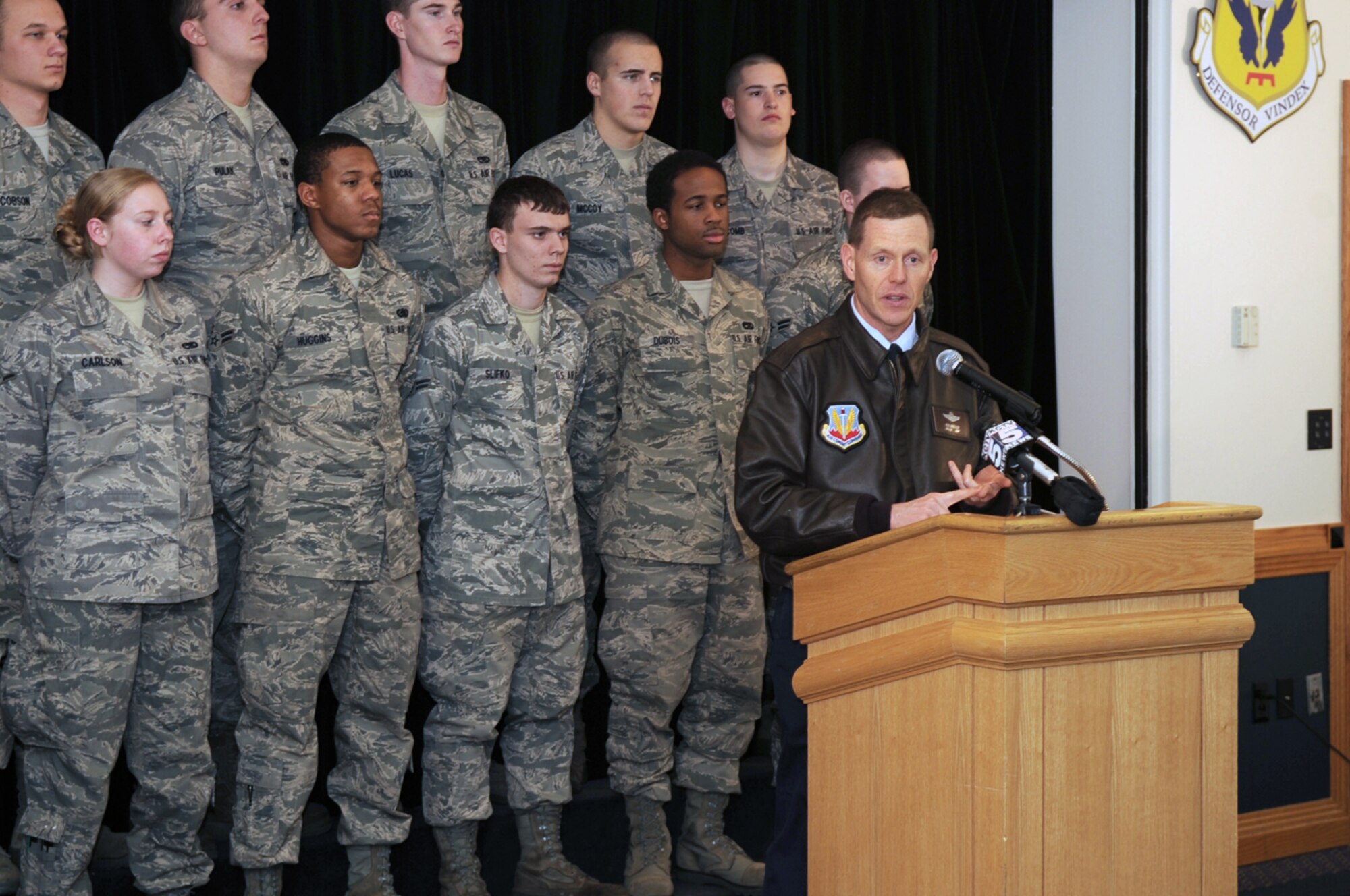 WHITEMAN AIR FORCE BASE, Mo. -- Brig. Gen. Robert Wheeler, 509th Bomb Wing commander, speaks during a press conference Jan. 4, 2010, announcing Missouri's receipt of close to $950,000 over the next three years in federal grant for a joint effort to increase readiness and reduce drinking by Whiteman underage Airmen.  Whiteman leadership will work closely with members of the Missouri Department of Public Safety, University of Central Missouri and several Johnson County law enforcement agencies to provide additional education and alternative, non-alcohol related activities for underage Airmen. (U.S. Air Force photo/Senior Airman Jessica Snow)