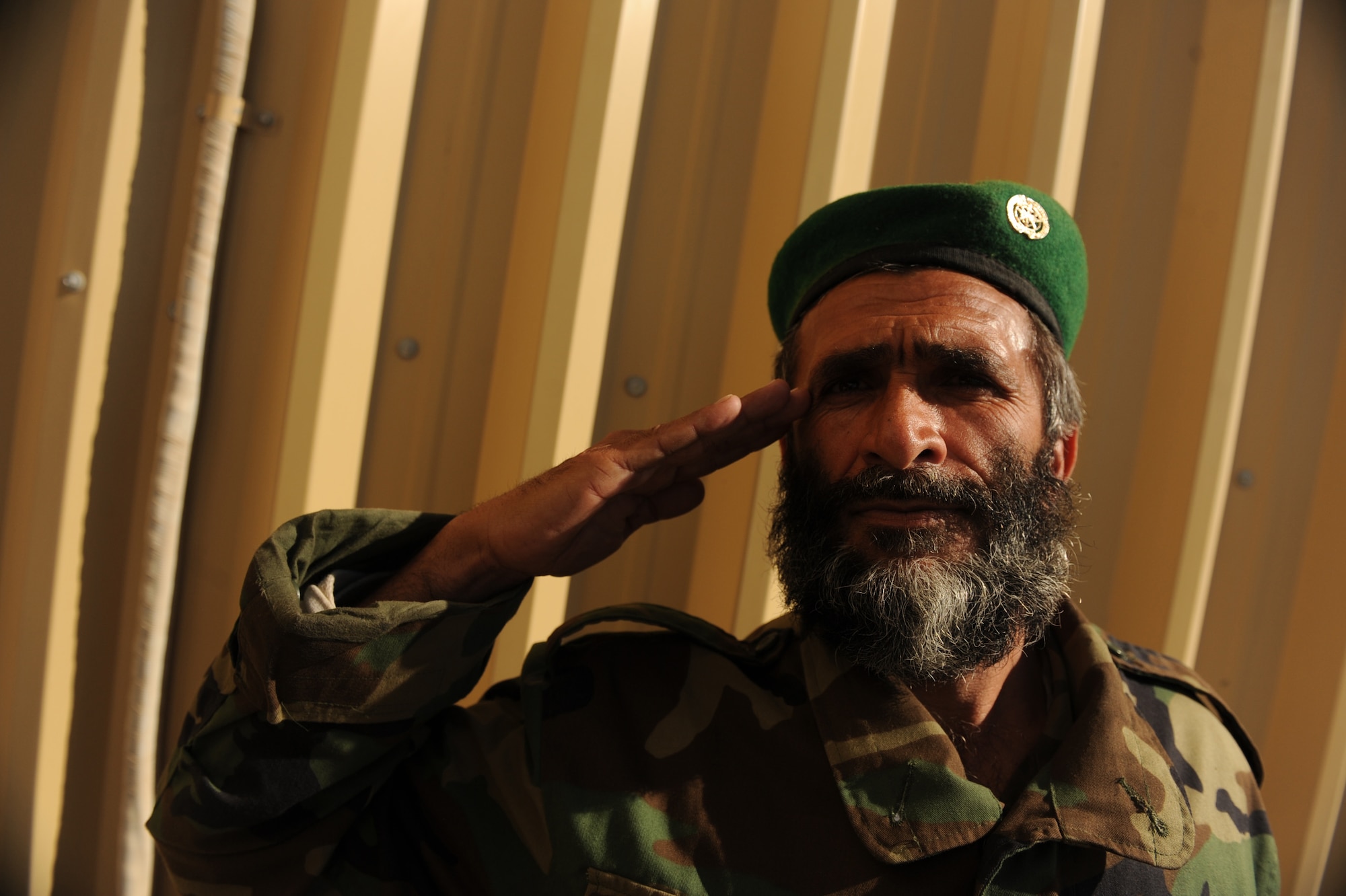 An Afghanistan National Army Air Corps soldier salutes for the camera.  ANAAC soldiers received maintenance training from 738th Air Expeditionary Maintenance airmen on MI-17 helicopters at Kandahar Airfield, Afghanistan, Jan. 5, 2010. (U.S. Air Force photo/Staff Sgt. Manuel J. Martinez/Released) 