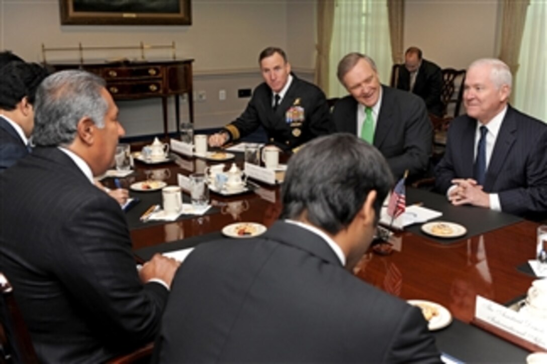 Secretary of Defense Robert M. Gates (right) hosts bilateral security discussions with Qatari Prime Minister Hamad bin Jassim Al-Thani (left) in the Pentagon on Jan. 5, 2010.  Joining Gates in hosting are U.S. Ambassador to Qatar Joseph LeBaron (2nd from right) and Senior Military Assistant to Gates Vice Adm. Joseph Kernan (3rd from left), U.S. Navy.  