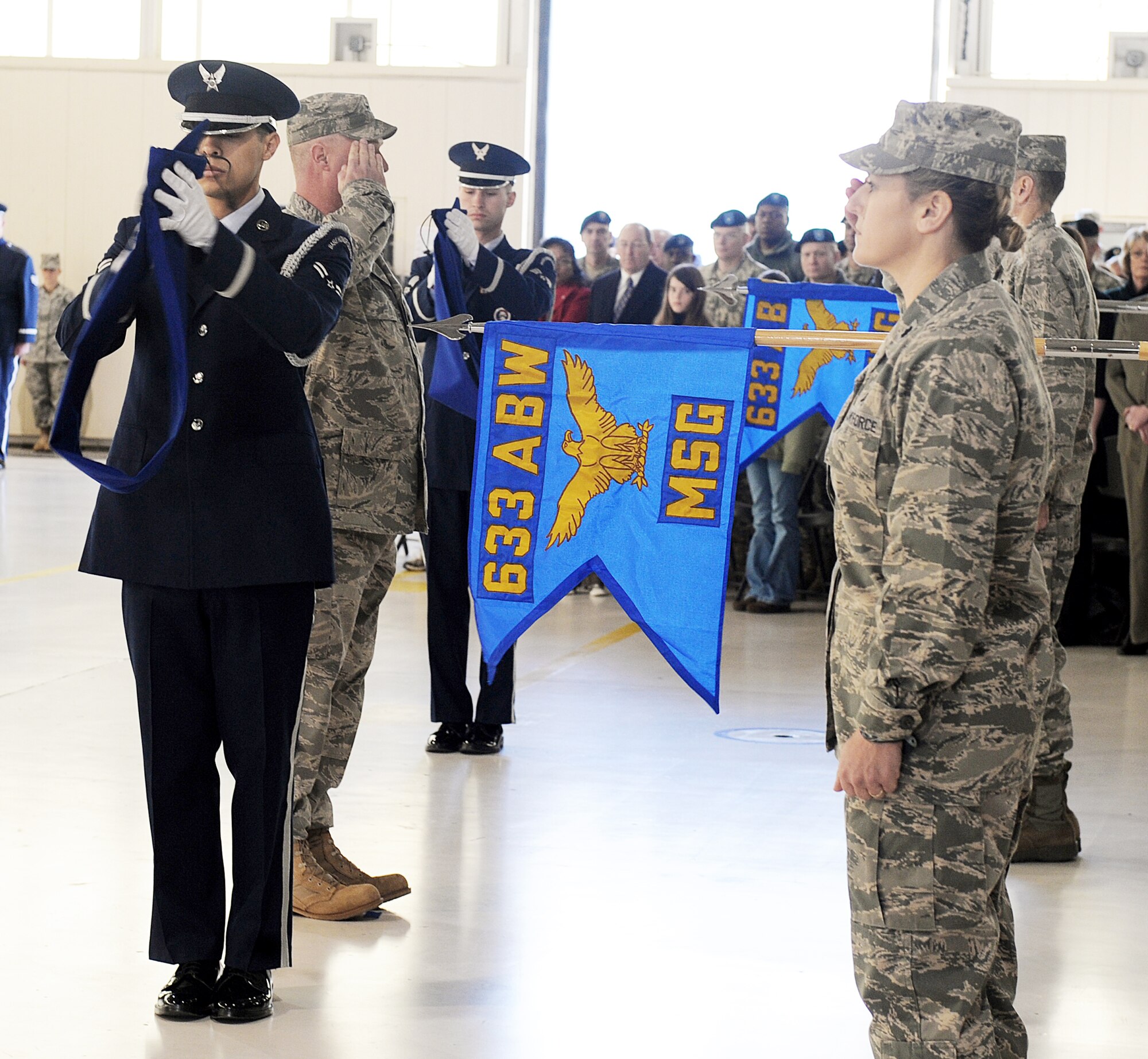 The 633rd Medical Group and the 633rd Mission Support Group receive their new guidons during the 633rd Air Base Wing activation and change-of-command ceremony Jan. 7, 2010, at Joint Base Langley-Eustis Va. The activation of the 633rd ABW is the first step in fulfilling Congress' 2005 Base Realignment and Closure decision that forms Joint Base Langley-Eustis later this month. (U.S. Air Force photo/Senior Airman Zachary Wolf)