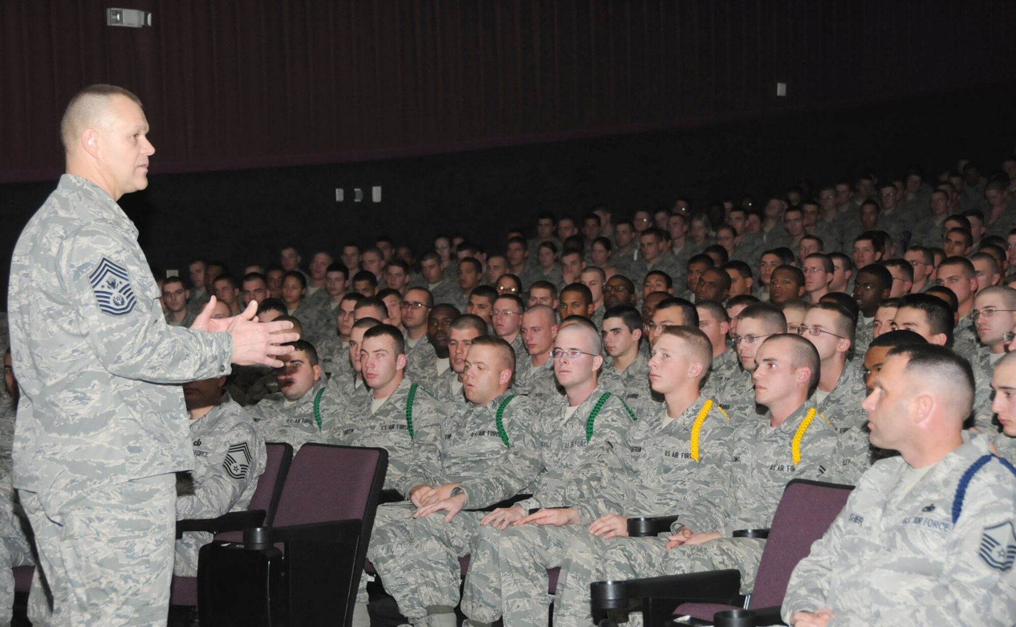 Chief Roy speaks to a nonprior service student roll call Dec. 17 at Welch Auditorium.  He also conducted an enlisted call, visited Airman Leadership School and attended the Mathies NCO Academy graduation banquet.  (U.S. Air Force photo by Kemberly Groue)