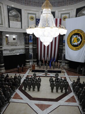 The 321st Air Expeditionary Wing held its change of command ceremony in Al Faw Palace on Victory Base Complex, Baghdad, Jan. 7, 2010.  The mission of the 321st AEW is to train and advise the Iraqi air force in order to advance the foundational airpower capabilities of Iraqi Airmen. (U.S. Air Force photo/Master Sgt. Trish Bunting/Released)