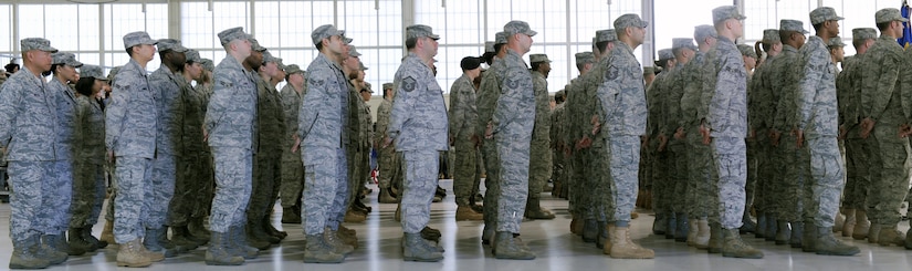 LANGLEY AIR FORCE BASE, Va. – Airmen stand in formation during the 633d Air Base Wing activation and change-of-command ceremony. The activation of the 633d ABW is the first step in fulfilling congress’ 2005 Base Realignment and Closure decision that forms Joint Base Langley-Eustis later this month.(U.S. Air Force photo/Airman 1st Class John Teti)

