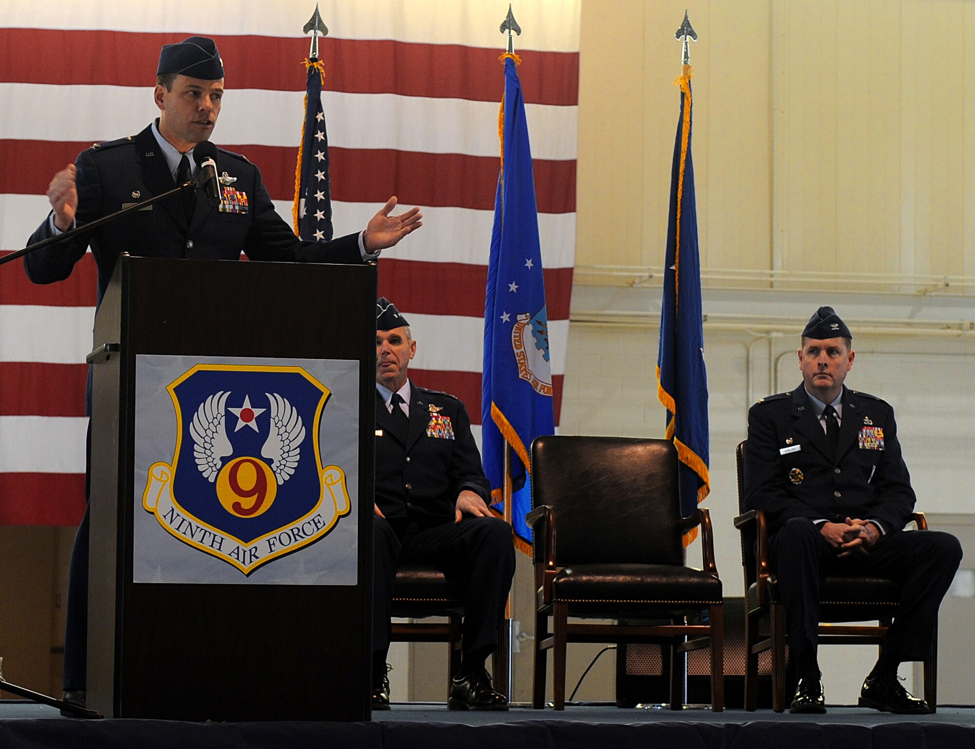 LANGLEY AIR FORCE BASE, Va. --  Col. Matt Molloy, 1st Fighter Wing commander, addresses Team Langley after resigning as installation commander. The activation of the 633d Air Base Wing is the first step in fulfilling congress' 2005 Base Realignment and Closure decision that forms Joint Base Langley-Eustis later this month.  (U.S. Air Force photo/Senior Airman Zachary Wolf)
