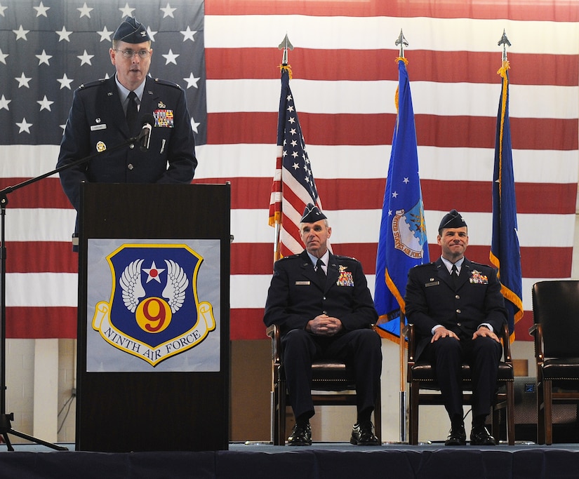 LANGLEY AIR FORCE BASE, Va. -- Col. Donald E. Kirkland, 633d Air Base Wing commander, addresses Team Langley during his change of command of the
633d Air Base Wing. The activation of the 633d ABW is the first step in fulfilling congress' 2005 Base Realignment and Closure decision that forms Joint Base Langley-Eustis later this month.  (U.S. Air Force photo/Senior Airman Zachary Wolf)