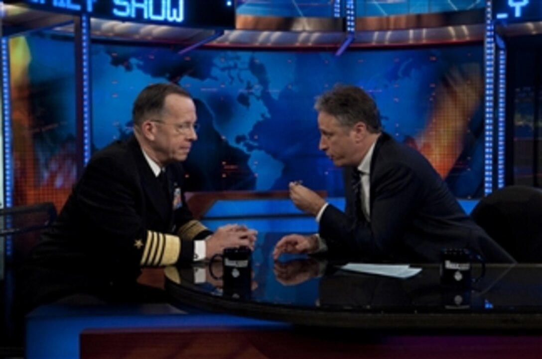 Jon Stewart interviews Chairman of the Joint Chiefs of Staff Adm. Mike Mullen, U.S. Navy, during an airing of the Daily Show with Jon Stewart in New York City on Jan. 6, 2010.  