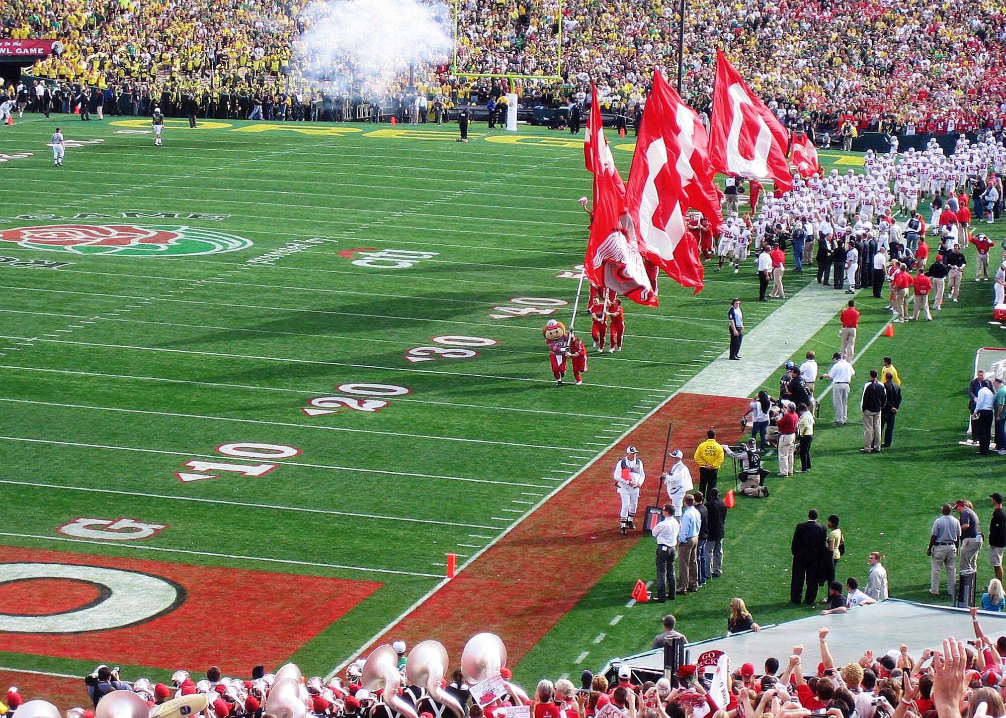 The Buckeyes from Ohio State University storm onto the field at the Rose Bowl Game, Pasadena, Calif., Jan. 1. Two Los Angeles Air Force Base Airmen, both alumni of OSU, and their spouses had the opportunity to attend and watch the Buckeyes win the game due to a generous donation of an anonymous OSU employee. (Photo by Capt. Kevin Mauersberg)