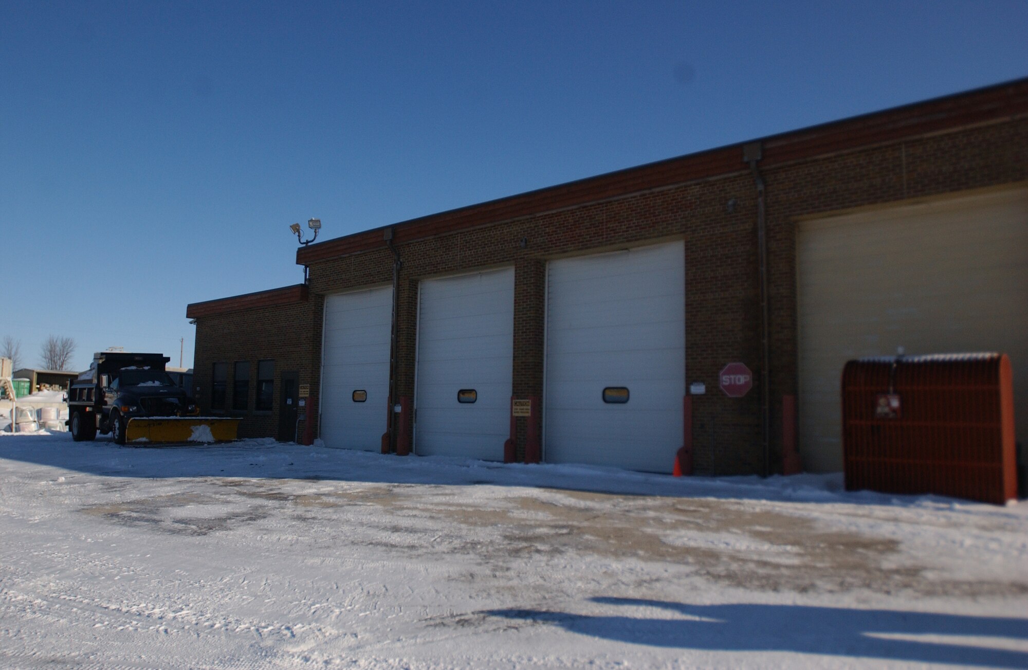 The soon to be replaced Vehicle Maintenance facility at the 133rd Test Squadron in Fort Dodge, Iowa. The new Vehicle Maintenance facility is being built to the north of the main building. The old Vehicle Maintenance facility will be remodeled into a fitness center. (U.S. Air Force photo/Staff Sgt. Jeremy Tevis)