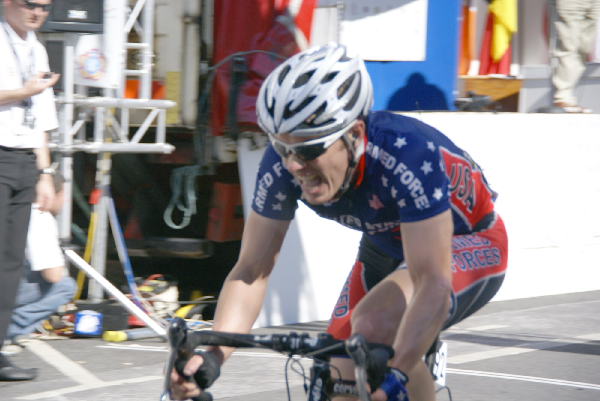 Capt. Ian Holt, a missile crewmember with the 319th Missile Squadron at F.E. Warren Air Force Base, Wyo., races for the United States cycling team at an international competition in Clonmel, Ireland, during the summer of 2009. Captain Holt trained and lived in Europe for one year while training for the event.  (U.S. Air Force photo)
             