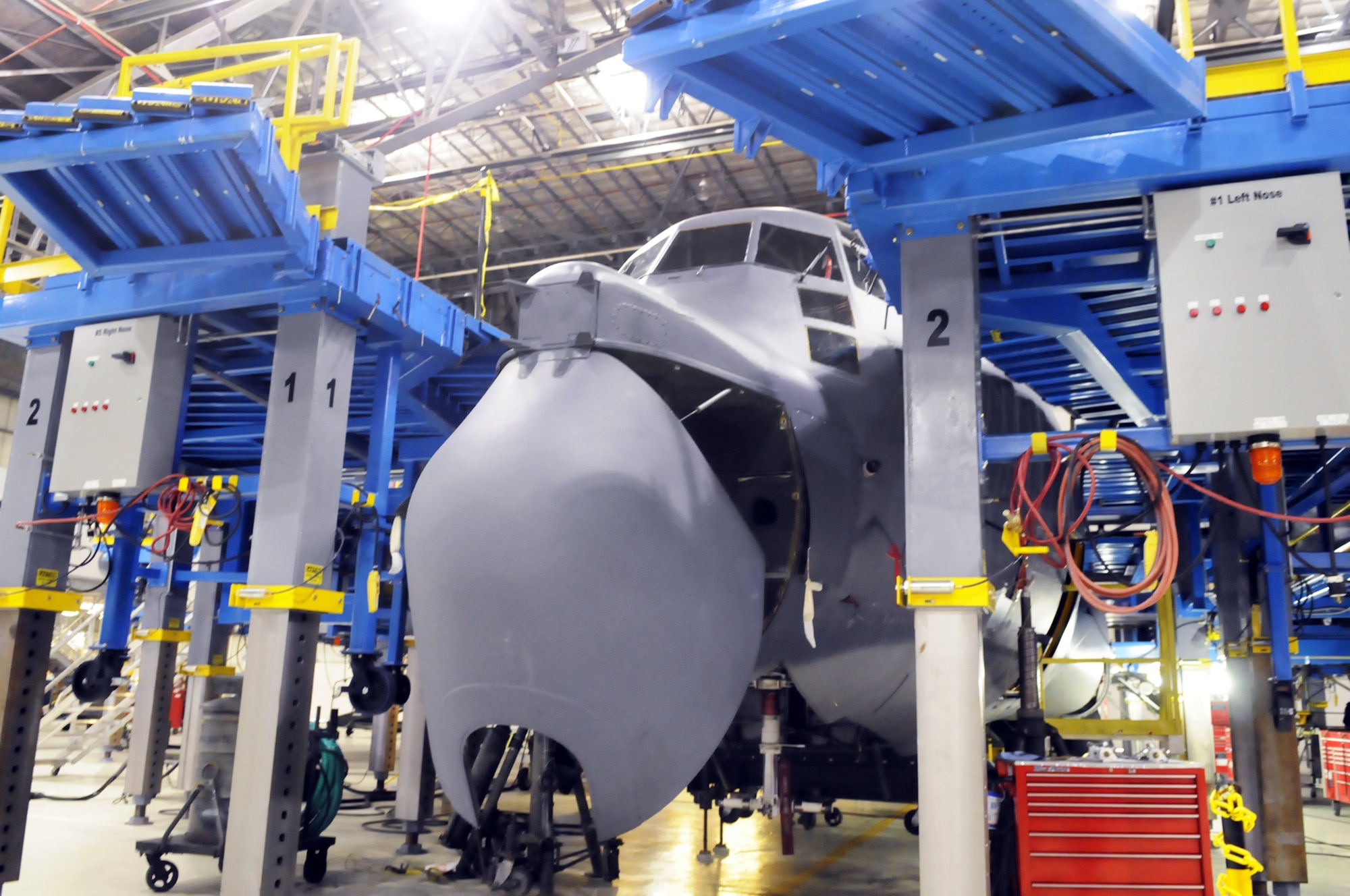 C-130 in hangar undergoing HVM Dec. 17. U. S. Air Force photo by Sue Sapp