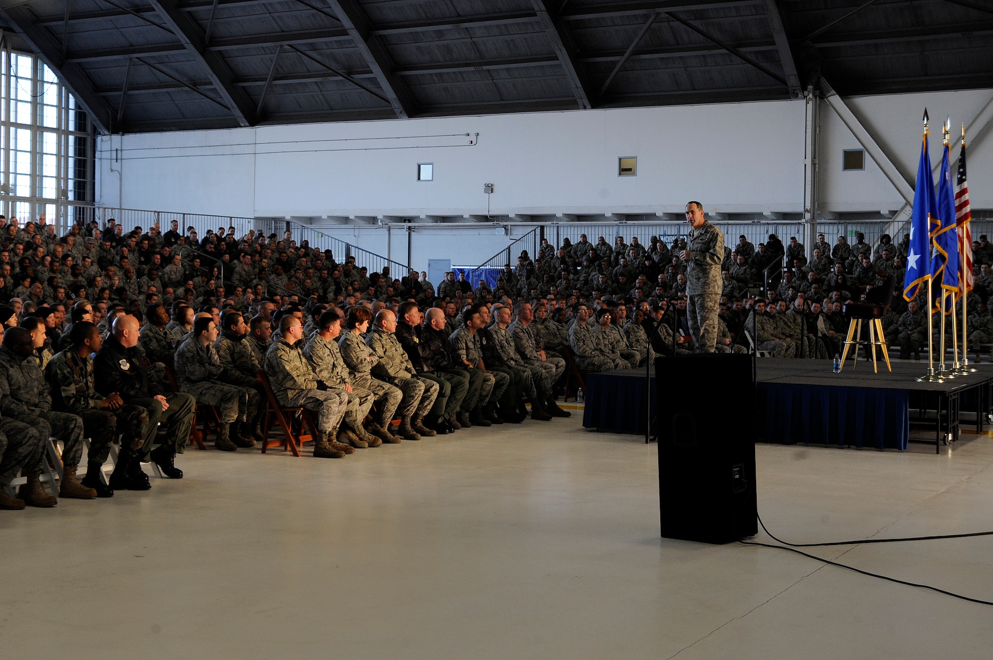 Gen. Raymond E. Johns, Commander Air Mobility Command, speaks to the Airman of the 6th Air Mobility Wing and 927th Air Refueling Wing during a "all call" at MacDill Air Force Base Jan. 07, 2010. Gen. Johns was visiting MacDill for the first time since taking over command of AMC on Nov. 20th of last year.
(U.S. Air Force photo by Staff Sgt. Joseph L. Swafford Jr./Released)
