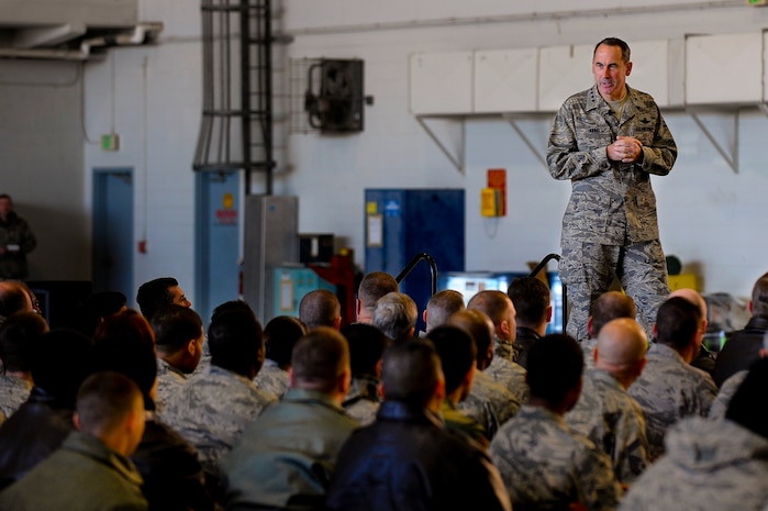 Gen. Raymond E. Johns, Commander Air Mobility Command, speaks to the Airman of the 6th Air Mobility Wing and the 927th Air Refueling Wing during a "all call" at MacDill Air Force Base Jan. 07, 2010. Gen. Johns was visiting MacDill for the first time since taking over command of AMC on Nov. 20th of last year.
(U.S. Air Force photo by Staff Sgt. Joseph L. Swafford Jr./Released)
