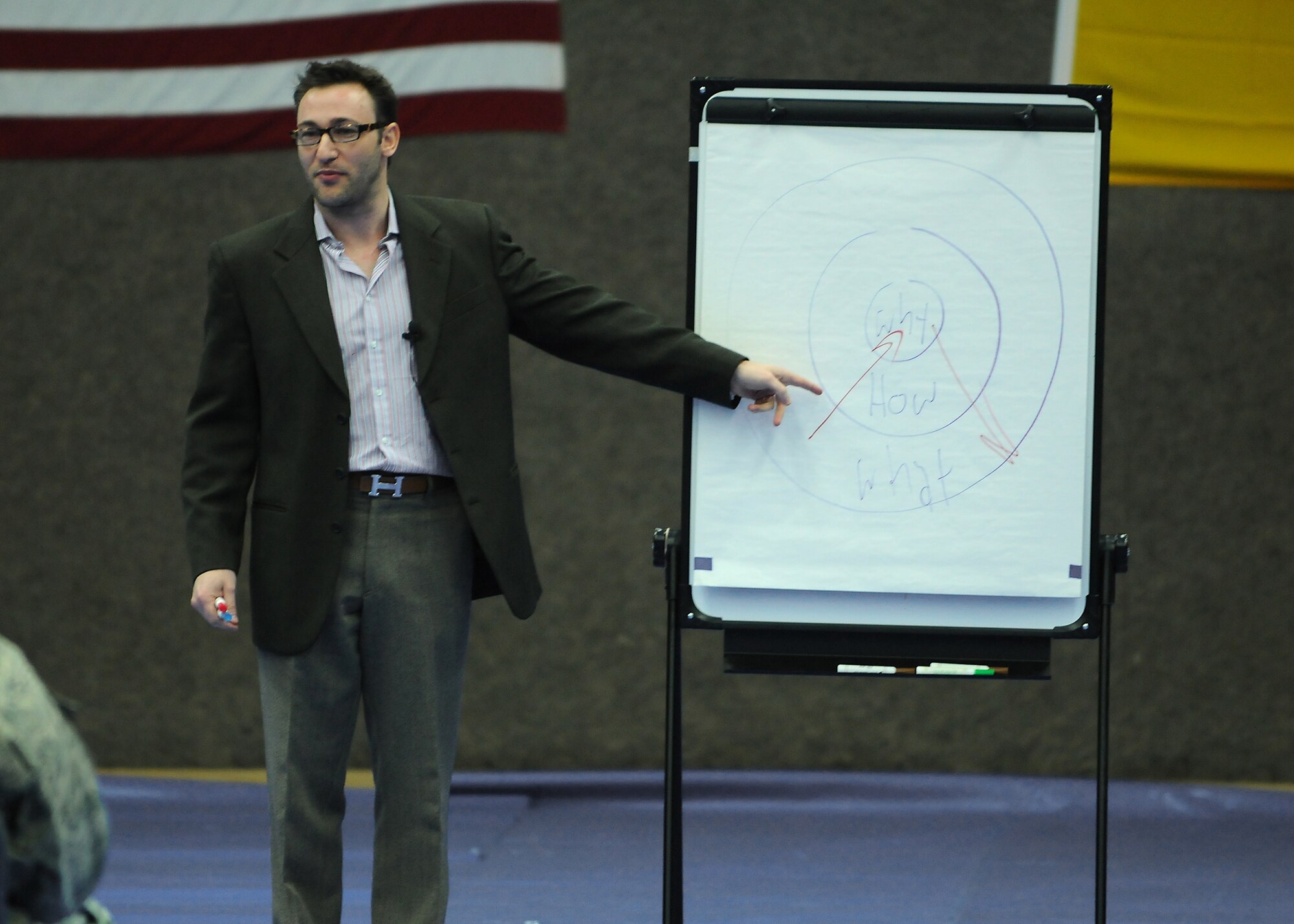 SPANGDAHLEM AIR BASE, Germany -- Simon Sinek, motivational speaker and author, speaks with members of the 52nd Fighter Wing during his visit here Jan. 7. Mr. Sinek developed the “The Golden Circle,” a concept that helps organizations to inspire people to buy or support any product, company or idea. (U.S. Air Force photo/Senior Airman Nathanael Callon) 