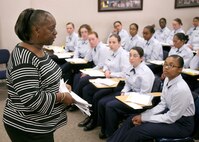 Ernestine Manigault, 37th Training Wing Public Affairs, explains the Hometown News Release Program to Air Force Basic Military Training trainees Dec. 29. Every week, Ms. Manigault gives BMT trainees the opportunity to publicize their Air Force achievements through their hometown newspaper. The program showcases the worldwide accomplishments and activities of all Airmen through print and electronic news releases. (U.S. Air Force photo/Robbin Cresswell)
