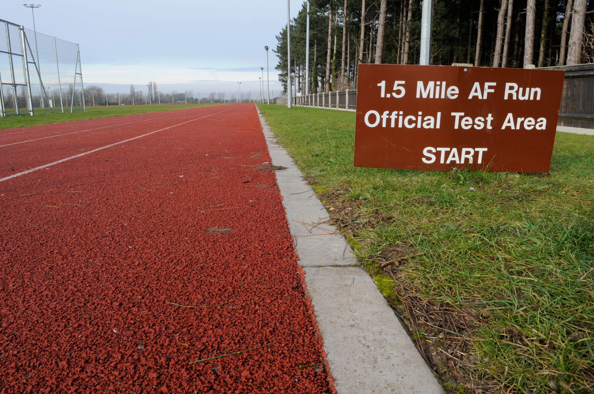 RAF MILDENHALL, England -- An empty track at mid-day shows how the cold weather drives the base population indoors for their workouts during the cold winters in England.  (U.S. Air Force photo/Staff Sgt. Christopher L. Ingersoll)