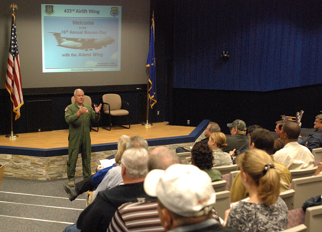 Brigadier Gen. John Fobian, 433rd Airlift Wing commander, addresses an audience of the employers of Reservists in the 433rd AW. The group is being breiefed on what Reservists do and  their part in the greater Air Force. (U.S. Air Force photo/Airman 1st Class Brian McGloin)
