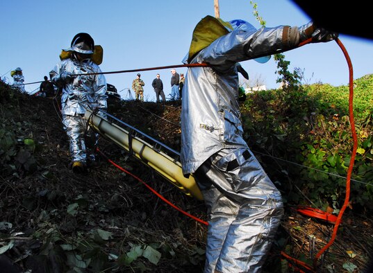 Charlotte Air National Guard Base, NC -- Emergency responders from the North Carolina National Guard assigned to the 145th Civil Engineering Squadron work with responders from the Charlotte, NC Fire Department to stabilize a vehicle during a simulation exercise here October 8.  The North Carolina Air National Guard responds to in-state emergencies, EMAC designated contingencies and federal instances of homeland defense.  The unit currently has members deployed I support of Operations Enduring Freedom and Iraqi Freedom and continues to support the War on Terror. Photo by Staff Sgt Richard Kerner, 145th AW Public Affairs
