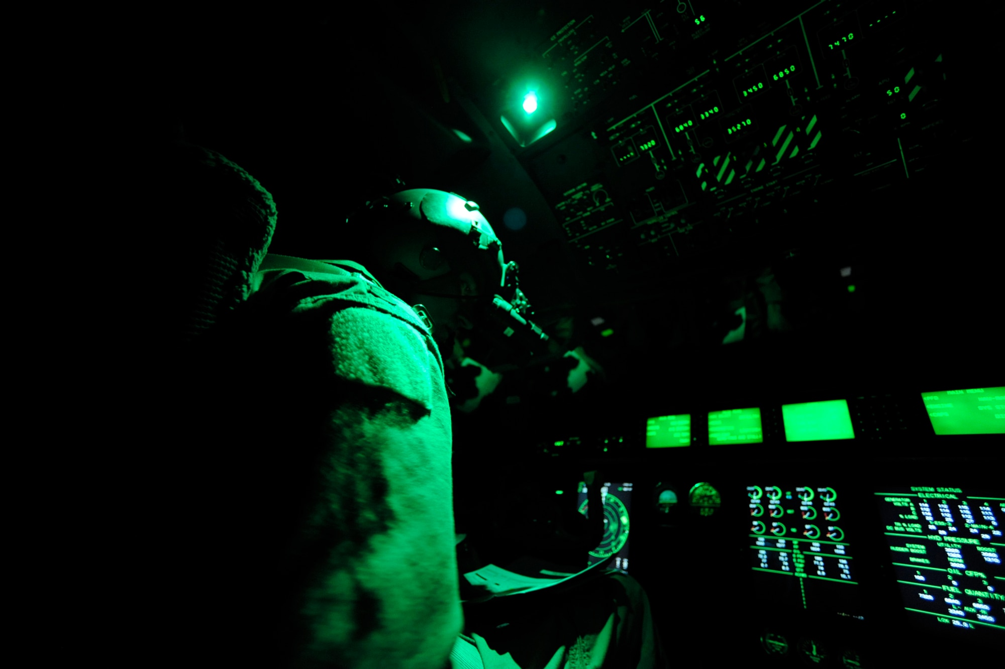 Capt. Dave Paland, 772nd Expeditionary Airlift Squadron C-130J aircraft commander, prepares for takeoff during a routine channel mission, Jan. 7, 2010, at Kandahar Airfield,  Afghanistan. Captain Paland is deployed from Little Rock Air Force Base, Ark,. The C-130J model is more powerful than the previous versions and requires only four crewmembers instead of six. (U.S. Air Force photo/Staff Sgt. Manuel J. Martinez/Released)