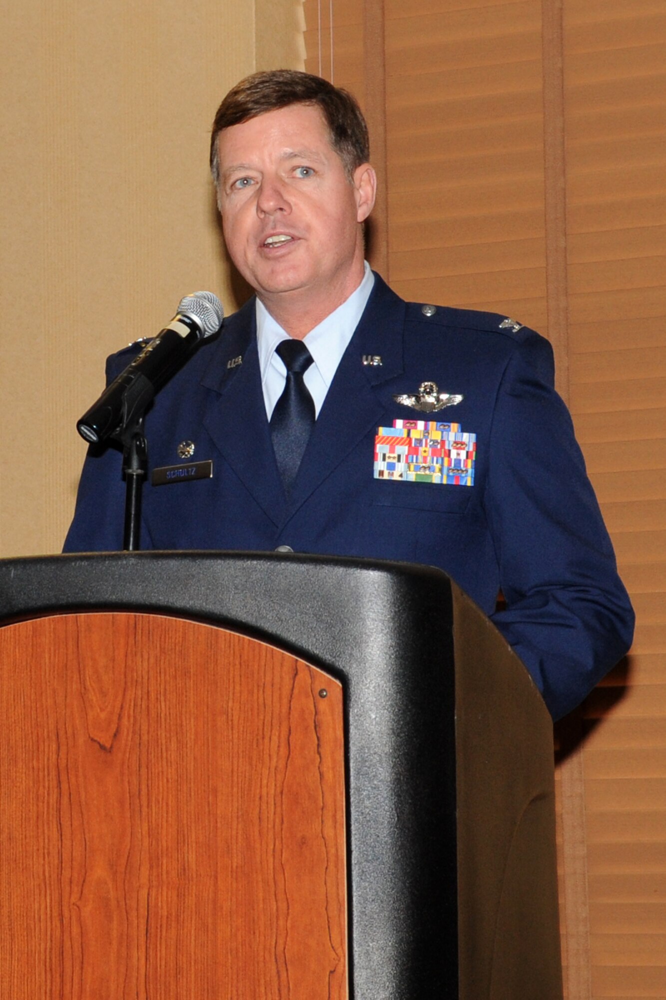 Col. Keith Schultz, 917th Operations Group deputy commander at Barksdale Air Force Base, speaks during the reactivation ceremony for the 45th Fighter Squadron at Davis-Monthan Air Force Base, Ariz., Jan. 7. The ceremony marked the return of 45th FS to the A-10 Thunderbolt II community, allowing it to provide Initial Qualification in the A-10 as well as Transition and Instructor Pilot Upgrade training. The reactivation of the historical unit placed the 45th FS under the command of the 917th Operations Group. (U.S. Air Force photo/Airman Jerilyn Quintanilla)