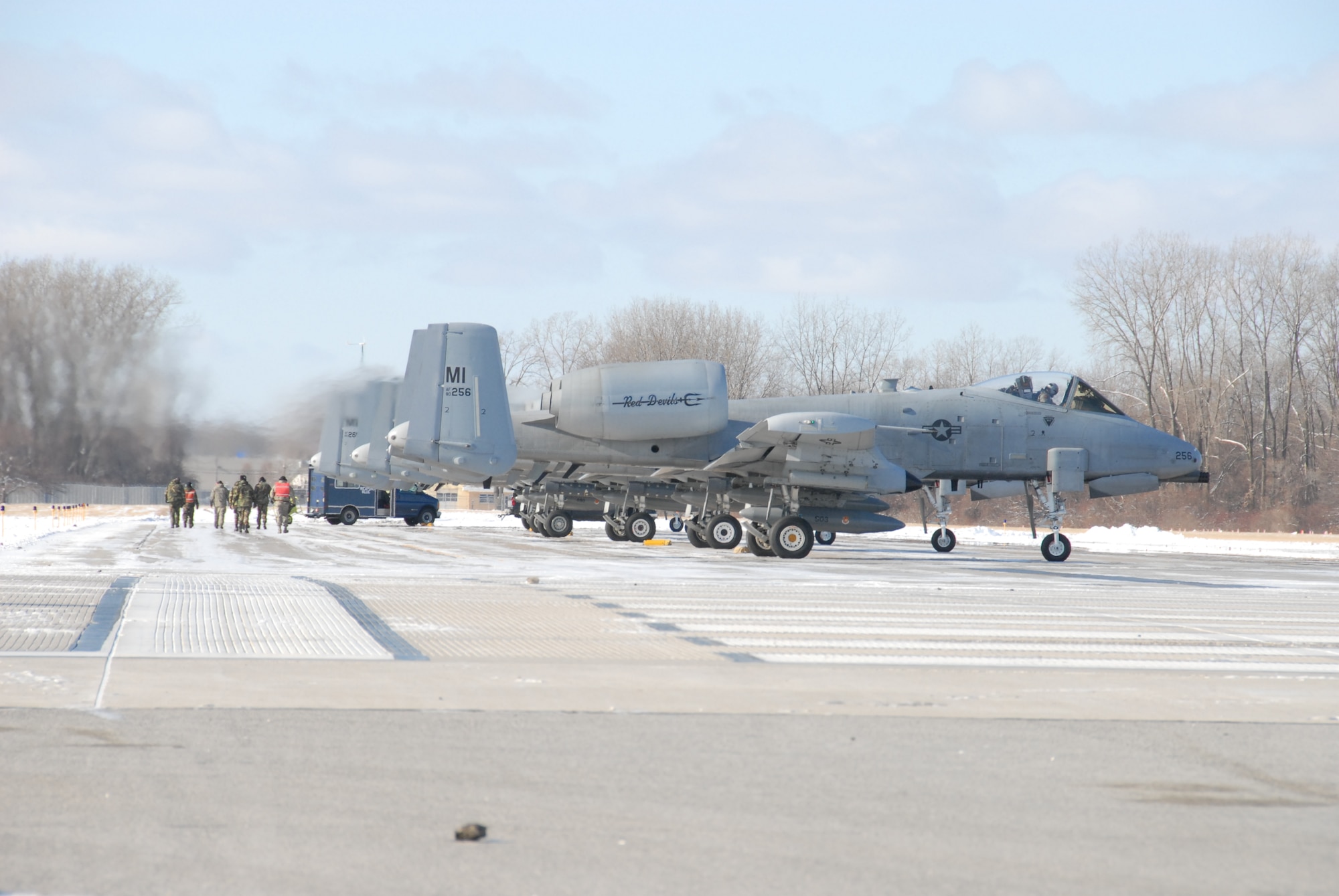 Ten A-10s of the 127th Wing deployed as part of Operation Demons to DM on Saturday, January 9.  After just six months of flying the A-10 mission from Selfridge Air National Guard Base, the 107th's "Red Devils" along with approximately 120 maintenance and support personnel, deployed to Davis-Monthan AFB, Ariz.  There, the Michigan Guardsmen will take advantage of the ideal weather conditions to increase training tempos to prepare to upcoming missions in support of global operations. (photo by MSgt. Clancey Pence, 127th Public Affairs)