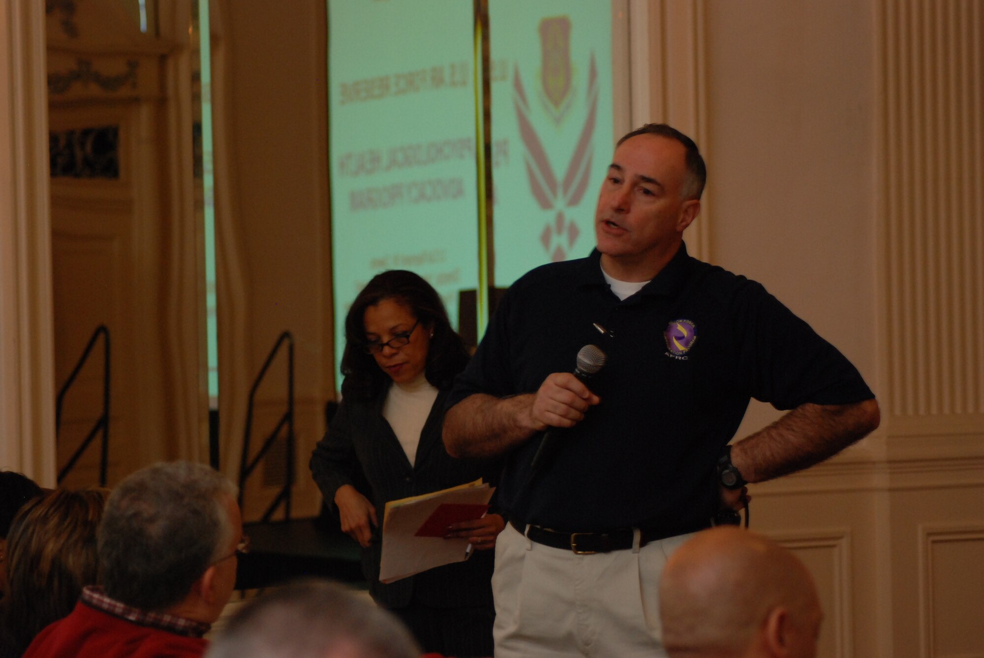 Lt. Col. Raymond W. Owens, Air Force Reserve Command Yellow Ribbon Program director, welcomes Dobbins Airmen and their family members to the Yellow Ribbon Reintegration Program Conference in Chattanooga, Tennessee, Jan. 9-10.  

The 94th Airlift Wing Family Readiness team hosted the event for more than 200 guests.  Airmen who were recently deployed and their family members were provided information on benefits, assistance opportunities and information on how to cope with the various challenges that occur when a family member is serving away from home for long periods of time.    (U.S. Air Force photo/Master Sgt. Stan Coleman)
