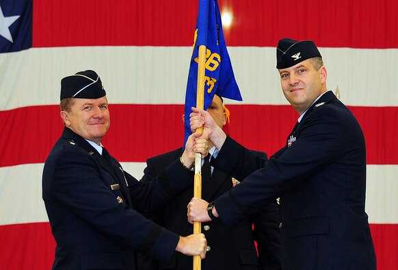 ANDERSEN AIR FORCE BASE, Guam - Col. Jeff Vandenbussche assumes command of the 36th Operations Group from General Phil Ruhlman, 36th Wing commander, in Hangar 6 on Jan. 11. Colonel Vandenbussche took over command from the 36th Wing Vice Commander Colonel Tod Fingal, who was serving in both roles.  (U.S. Air Force photo by Airman 1st Class Julian North)