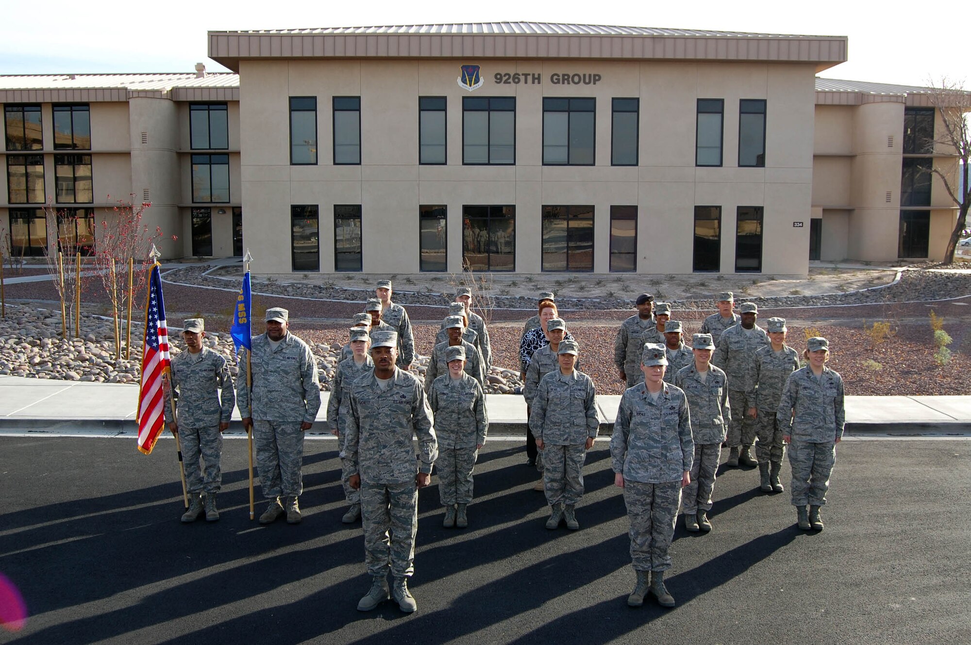 The 926th Mission Support Squadron forms up in front of the 926th Group's new facility during a Unit Training Assembly on Jan. 8. The 926th MSS helped secure 11 numbered Air Force and command-level awards for the group in 2009. (U.S. Air Force Reserve photo/Capt. Jessica Martin)