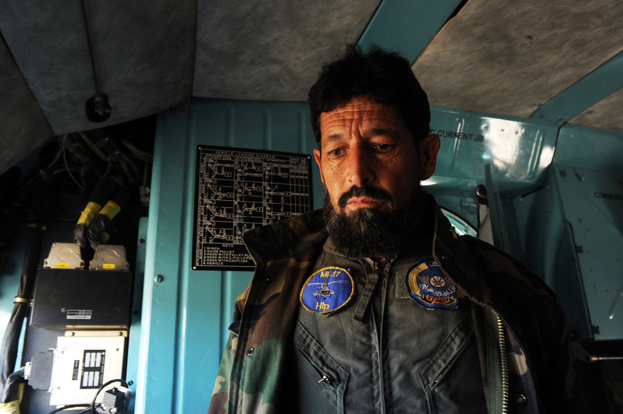 An Afghanistan National Army Air Corp flight engineer waits for passengers to board an Mi-17 helicopter during a joint U.S. and Afghan sortie Jan. 7, 2010 at Forward Operation Base Tarin Kowt. The Mi-17 sortie was flown by pilots from the 437th Air Expeditionary Advisory Squadron and ANAAC pilots. Afghanistan National Army Air Corps soldiers delivered 30 passengers and one pallet of cargo destined for 82nd Airborne Soldiers with the 508th Parachute Infantry Regiment at Forward Operating Base Tarin Kowt. (U.S. Air Force photo/Staff Sgt. Manuel J. Martinez)
