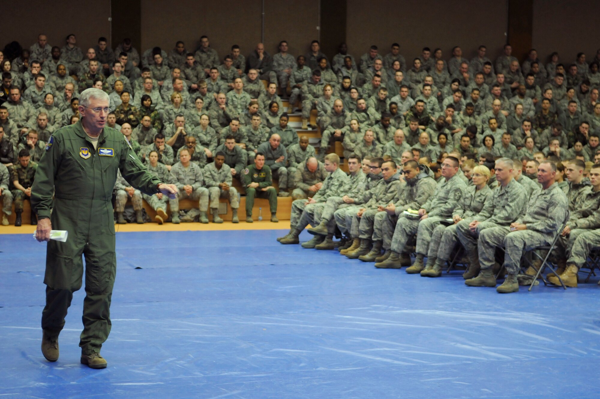 Gen. Roger A. Brady speaks to approximately 1,250 Sabers about the proposed combat Air Force's restructuring, the importance of the Air Force in today's operations and how Spangdahlem Air Base fits into the USAFE mission Jan. 8, 2010 at Spangdahlem AB, Germany. General Brady is the  U.S. Air Forces in Europe commander. (U.S. Air Force photo/Senior Airman Benjamin Wilson)