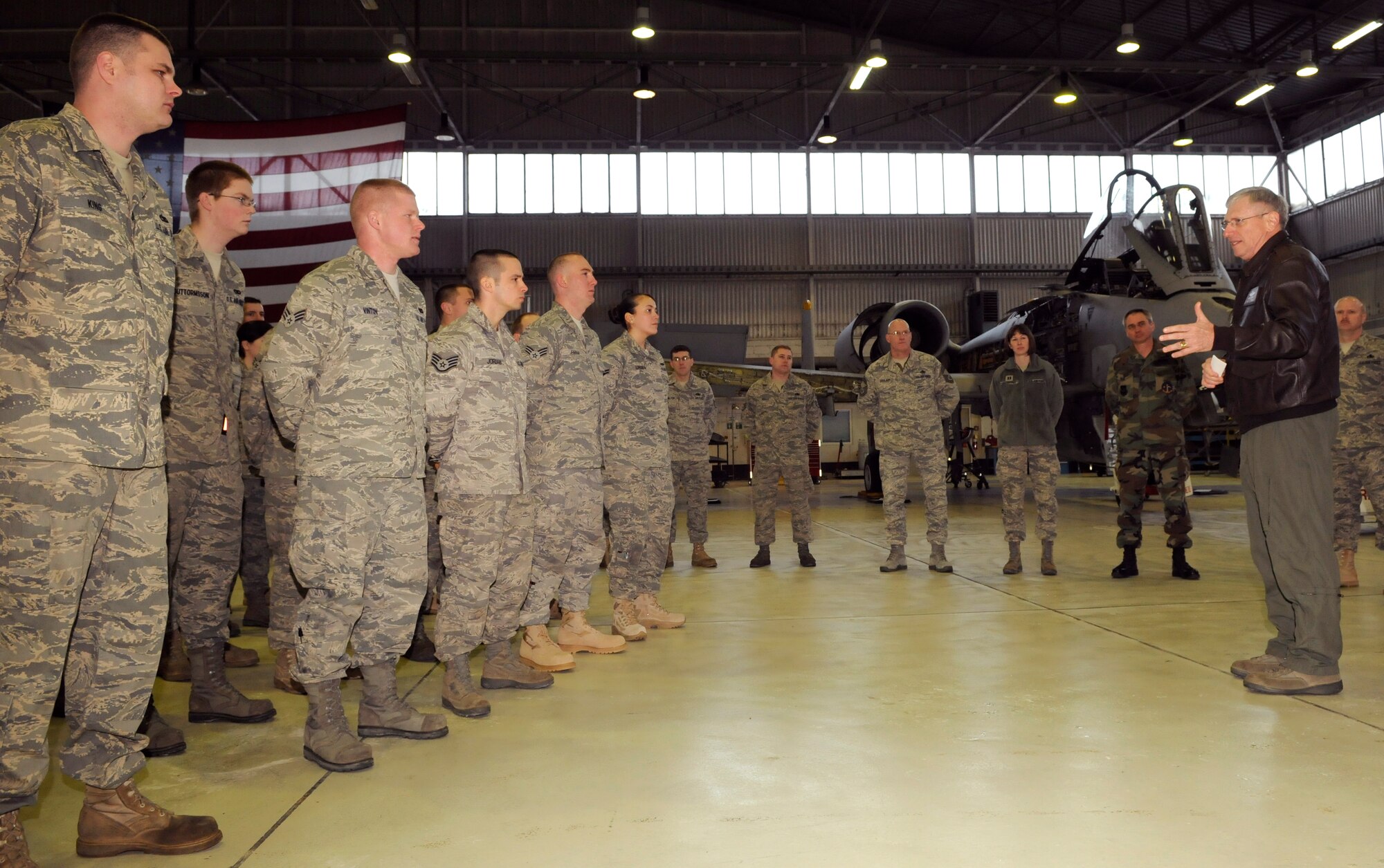 SPANGDAHLEM AIR BASE, Germany - General Roger Brady, U.S. Air Forces in
Europe commander, speaks to the Airmen of the 52nd Equipment Maintenance
Squadron about the importance of innovating and standardizing procedures
throughout the Air Force and thanks them for their outstanding efforts in
streamlining their maintenance processes of the A-10 Thunderbolt II here
Jan. 8. (U.S. Air Force photo/Senior Airman Benjamin Wilson)
