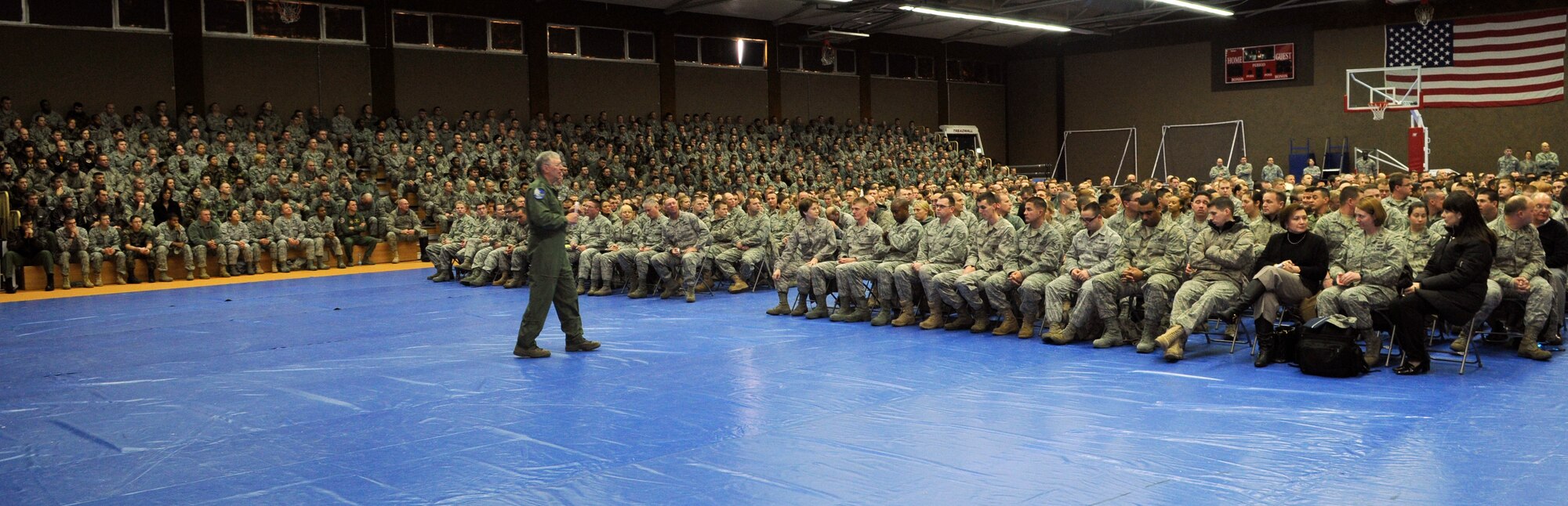 SPANGDAHLEM AIR BASE, Germany – Gen. Roger Brady, U.S. Air Forces in Europe commander, speaks to approximately 1,250 Sabers about the proposed combat Air Force’s restructuring, the importance of the Air Force in today’s operations and how Spangdahlem AB fits into the USAFE mission. (U.S. Air Force photo/Senior Airman Benjamin Wilson)