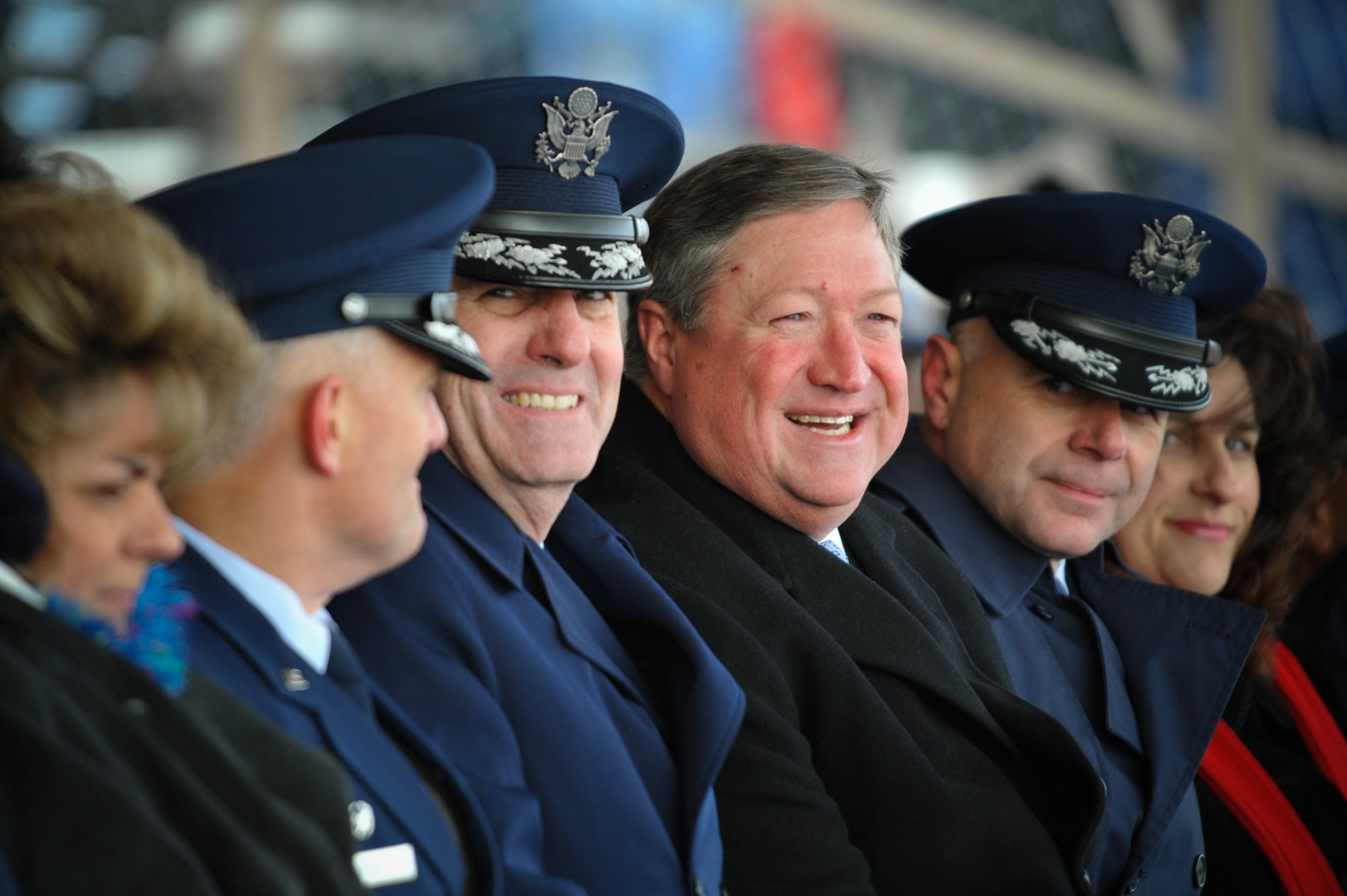 Secretary of the Air Force Michael Donley stands with Gen. Stephen R. Lorenz (left of Donley) and Col. Shane Courville (right of Donley) after the graduation Jan 8, 2010, at Lackland Air Force Base, Texas. General Lorenz is the Air Education and Training Command commander. Colonel Courville is the 737th Training Group Air Force Basic Military Training commander. (U.S. Air Force photo/Lance Cheung)
