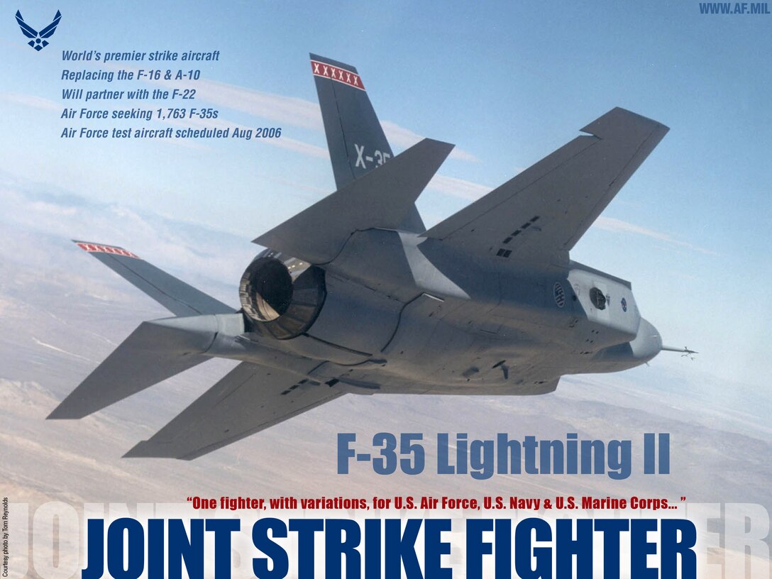 F-35 Lightning II Joint Strike Fighter

F-35 Lightning II Joint Strike Fighter. Poster is 10x7.5 inches @ 300 ppi, and was created by Bob Goode of the Air Force News Agency. 